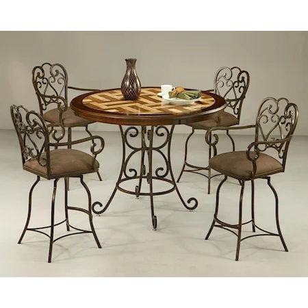 5 Piece Round Wood with Travertine Insert Table & 26" Counter Stool with Arms Set